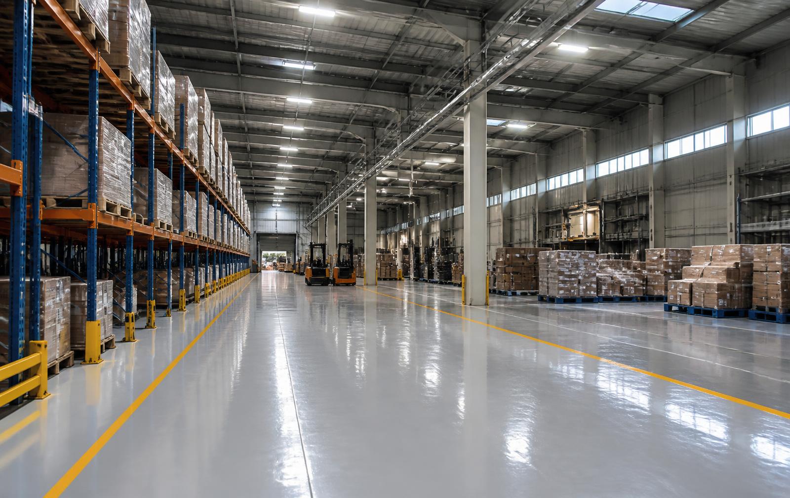 Lantai epoxy abu-abu di gudang logistik